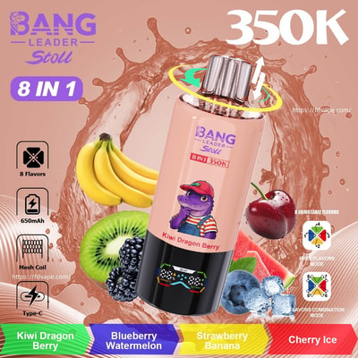 Bouteille de vape Pink Bang Leader Stoll 8 en 1 avec un dragon de dessin animé, entouré de bannières aux saveurs de bananes, de kiwis, de baies et de fruits.