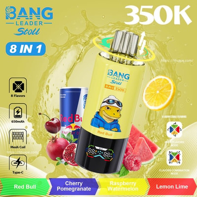 Bouteille d'énergie Bang jaune vif avec un personnage de dessin animé sur fond éclatant, entouré de pastilles de fruits et de saveurs.