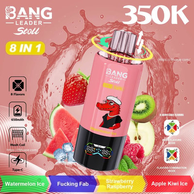 Flacon vape rose avec une mascotte de crocodile de dessin animé, saveurs 8 en 1, entouré de pastèque, fraise, kiwi et framboises.