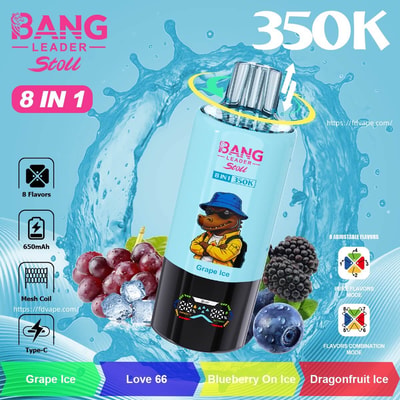 Bouteille de boisson énergisante BANG avec 8 en 1 et étiquette Grape Ice, représentant un singe de dessin animé au milieu d'une éclaboussure d'eau bleue et de fruits.