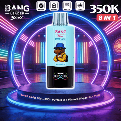 Blue Bang Leader Stoll 8-in-1 disposable vape bottle on a neon-lit stage, featuring a cartoon figure and Grape Ice flavor.
