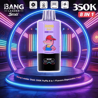 Purple disposable vape bottle with a cartoon character on a Cherry Cola label, placed on a neon-lit stage with Bang Leader Stoll branding.