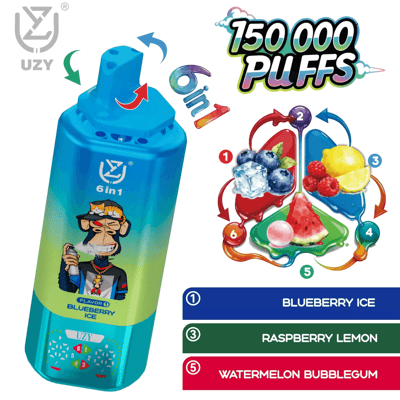 Blue gradient 6-in-1 UZY e-liquid bottle with a cartoon monkey on the label, beside a circular flavor wheel showing Blueberry Ice, Raspberry Lemon and Watermelon Bubblegum.