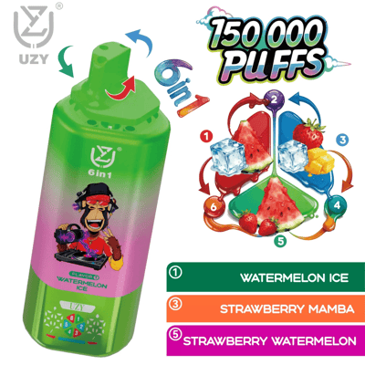 Green gradient vape bottle with a pirate cartoon and 6in1 Watermelon Ice label, next to a colorful flavor wheel and 150,000 puffs graphic.