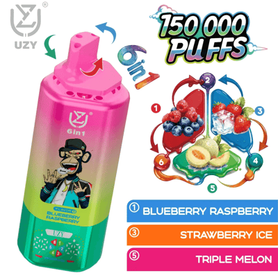 Pink gradient UZY 6in1 vape device with a cartoon monkey, beside a flavor chart listing Blueberry Raspberry, Strawberry Ice, and Triple Melon, 150000 puffs.