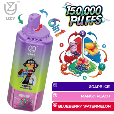 Purple UZY 6in1 e-liquid bottle labeled Grape Ice, beside a flavor wheel showing Mango Peach and Blueberry Watermelon with a 150,000 puffs badge.