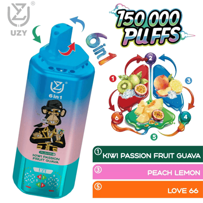 Blue six-in-one UZY vape bottle with a cartoon monkey, beside a fruit flavor chart showing Kiwi Passion Fruit Guava, Peach Lemon, and Love 66; 150,000 puffs.