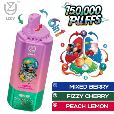 Pink UZY 6in1 disposable vape with astronaut label; flavor panel lists Mixed Berry, Fizzy Cherry, and Peach Lemon.