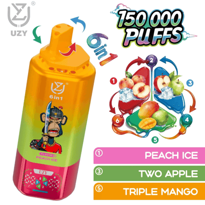Orange-pink gradient disposable vape pen with cartoon character and a 6in1 flavor chart: Peach Ice, Two Apple, Triple Mango