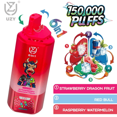 Bright pink 6-in-1 vape bottle with Strawberry Dragon Fruit flavor.