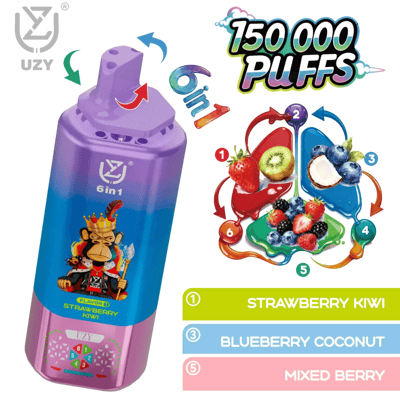 Purple gradient 6in1 vape bottle with strawberry kiwi flavor and a cartoon monkey on the label, beside a colorful 1–6 flavor chart.