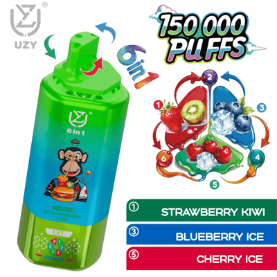 UZY 6in1 bottle with a monkey mascot beside a flavor chart listing Strawberry Kiwi, Blueberry Ice, Cherry Ice.