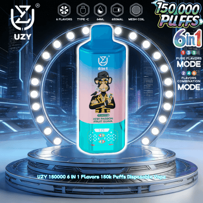 Blue disposable vape bottle with Kiwi Passion Fruit Guava label and cartoon man, displayed on a circular neon platform.