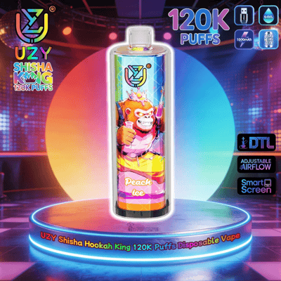Bunte Einweg-Vape-Flasche mit gekröntem Cartoon-Tier-Motiv, Pfirsich-Eis-Geschmack, UZY Shisha King 120K Puffs auf einer Bühne.