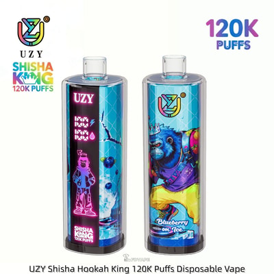 Two UZY Shisha King disposable vapes with blue artwork; left shows pink neon astronaut, right a blue crowned gorilla, 120K puffs.