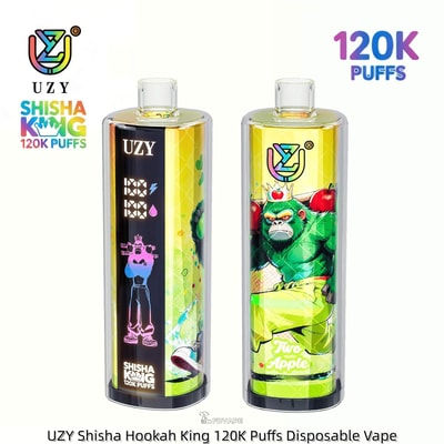 Two UZY disposable vape pens with 120K puffs; left has a figure on black, right shows a crowned green gorilla and apples.