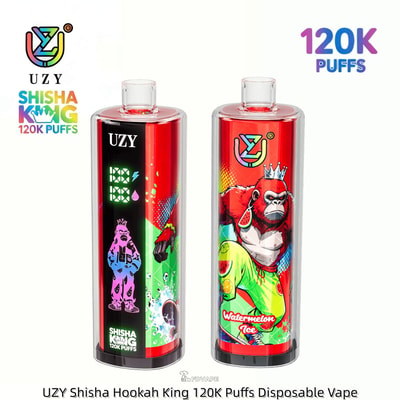 Two UZY Shisha King 120K Puffs disposable vapes with artwork; right bottle features a crowned gorilla and Watermelon Ice.