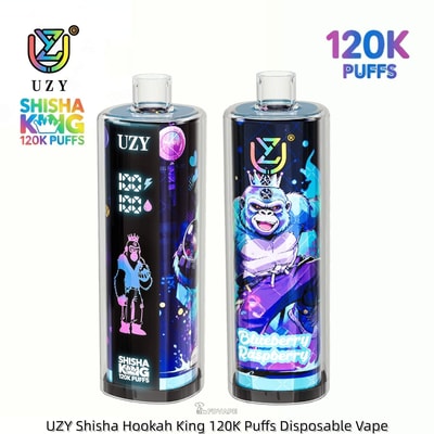 Two UZY Shisha King disposable vape bottles with bold cartoon art; left shows a pink character with a digital puff display, right features a blue crowned ape, flavor Blueberry Raspberry.