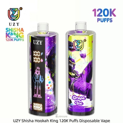Two UZY Shisha King disposable vapes with purple-yellow artwork; one shows a cartoon figure, the other is labeled Grape Ice.