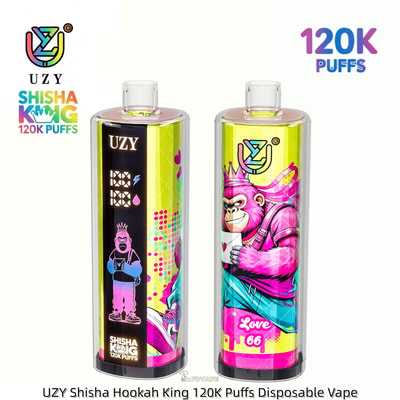 Two bright UZY Shisha King 120K Puffs disposable vape devices with colorful cartoon monkey artwork, shown side by side.