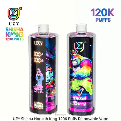 Two tall disposable vape devices with neon art; left shows a pink figure and UZY branding, right a monkey and Mixed Berry.