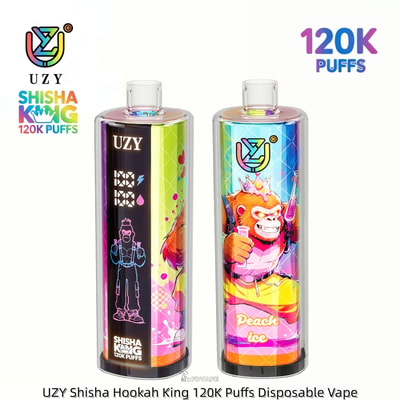 Two UZY disposable vape bottles with bright cartoon artwork; left shows a neon silhouette figure, right features a crowned monkey and Peach ice.