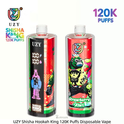 Two colorful UZY disposable vape bottles with cartoon graphics; the right bottle shows Strawberry Kiwi flavor.