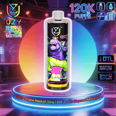 Tall disposable vape with a neon label featuring a crowned purple monkey, displayed on a glowing stage with 120K Puffs text.