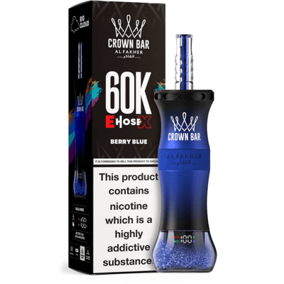 Crown Bar Al Fakher Berry Blue vape device with blue gradient body beside packaging warning this product contains nicotine.
