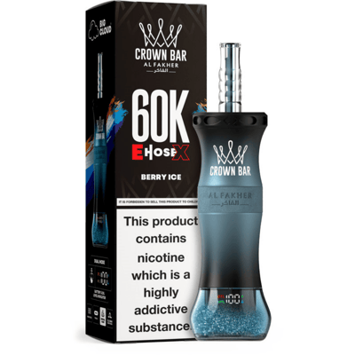 Blue and black Crown Bar disposable vape with a metallic ribbed mouthpiece, shown beside its Berry Ice 60K E-HoseX box.