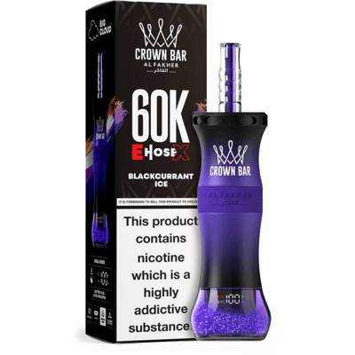 Purple gradient Crown Bar vape device with a crown logo beside its black box reading Crown Bar Al Fakher Blackcurrant Ice and a nicotine warning.