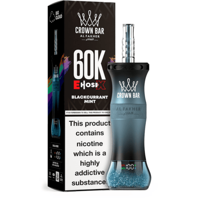 Crown Bar Al Fakher vape device beside its blackcurrant mint flavor box, featuring a nicotine warning label.