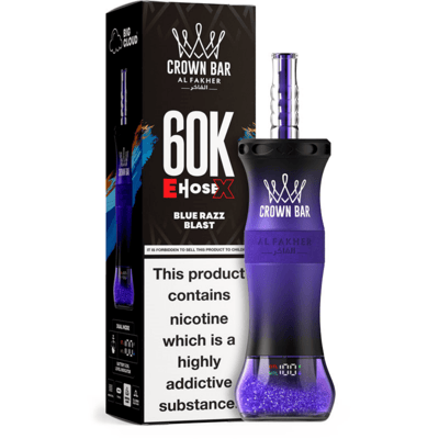 Black Crown Bar Al Fakher Blue Razz Blast box with a nicotine warning beside a purple Crown Bar vape device.