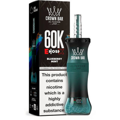 Crown Bar vape device in teal and black with a glittery blue liquid, shown beside a Blueberry Mint flavor box.