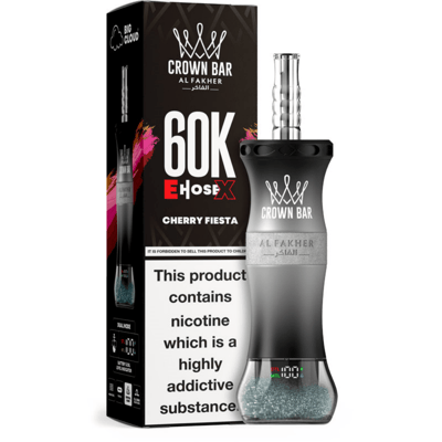 Vape device with a silver-to-black bottle design labeled Crown Bar Al Fakher Cherry Fiesta, shown beside a black box with 60K text and a nicotine warning.