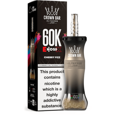 Crown Bar vape device with a curved bottle-shaped tank and metal mouthpiece beside the 60K E-Hose X Cherry Fizz packaging.
