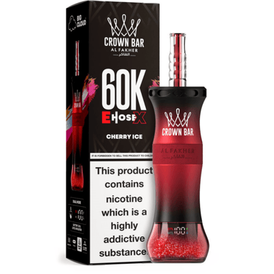 Crown Bar Cherry Ice vape device with a red-to-black gradient bottle beside a black box showing nicotine warning text.
