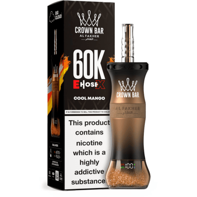 Crown Bar Al Fakher E-HoseX 60K Cool Mango vape device with black-gold gradient beside its packaging and nicotine warning.