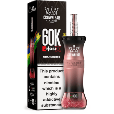 Crown Bar 60K grape berry nicotine vape with a pink-gradient bottle beside a black box.