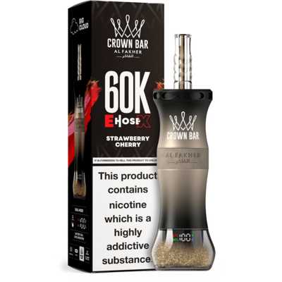 Crown Bar Al Fakher 60K E-Hose X strawberry cherry vape pen beside its box, showing a nicotine warning label.