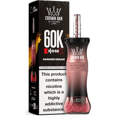 Crown Bar Al Fakher Summer Dream vape device with a pink gradient body and silver mouthpiece beside its black packaging.