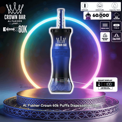 Crown Bar Al Fakher disposable vape in blue-black with crown logo, shown on a glowing neon pedestal (60k puffs).