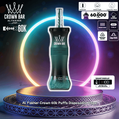 Crown Bar Al Fakher 60k Puffs disposable vape, teal bottle with crown logo, glowing neon rings on a pedestal.