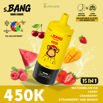 Bright yellow S.BANG 15-in-1 bottle with a sunglasses-wearing monkey, surrounded by watermelon, berries and mango.