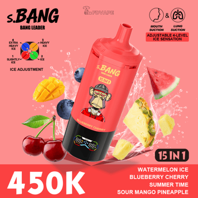 Bright pink ad showcasing a pink s.BANG Bang Leader 15-in-1 bottle with fruit graphics (watermelon, pineapple, mango, cherries, blueberries) and a bold 450K price.