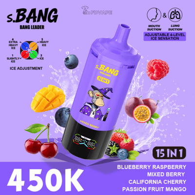 Purple S.BANG Bang Leader bottle with 15 IN 1 Mixed Berry flavor, surrounded by mango and berries with a splash on a purple background.