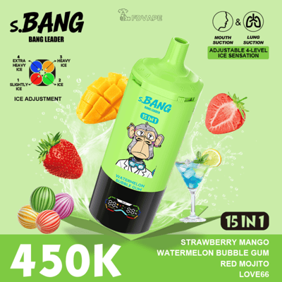Bright green S.BANG Bang Leader bottle labeled 15 IN 1 Watermelon Bubble Gum, featuring a cartoon monkey and surrounding mango, strawberry, and watermelon.