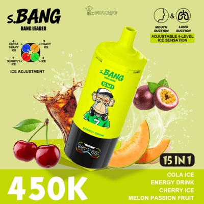Bright yellow S.BANG energy drink bottle with a cartoon monkey, surrounded by cherries and melon; 15 IN 1 and 4-level ice.