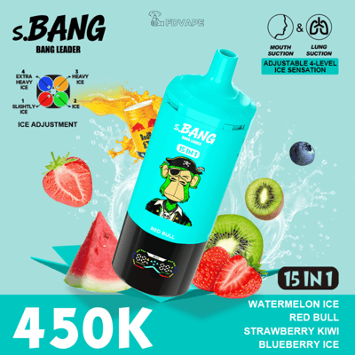 Turquoise s.BANG Bang Leader bottle with splash among sliced fruits (watermelon, strawberry, kiwi) and 15 in 1 flavors.