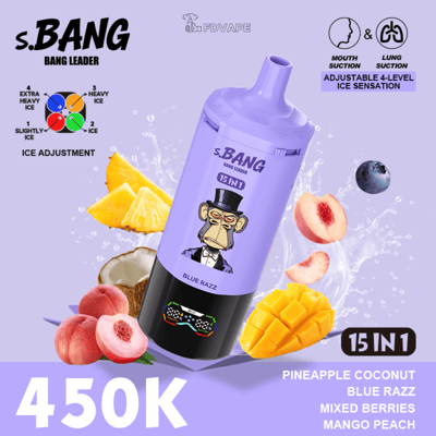 Purple S.BANG Bang Leader bottle tilted with 15 IN 1 label, cartoon monkey amid pineapple, mango, peach, coconut and berries.